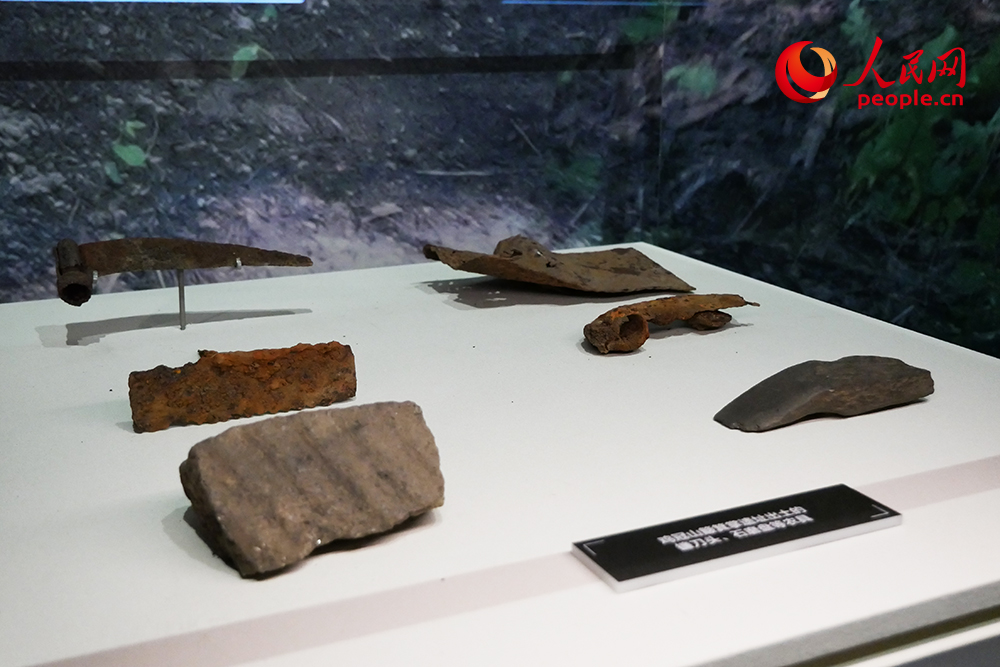 雞冠山簸箕掌遺址出土的鐮刀頭、石磨盤等農(nóng)具。人民網(wǎng)記者 韋衍行攝